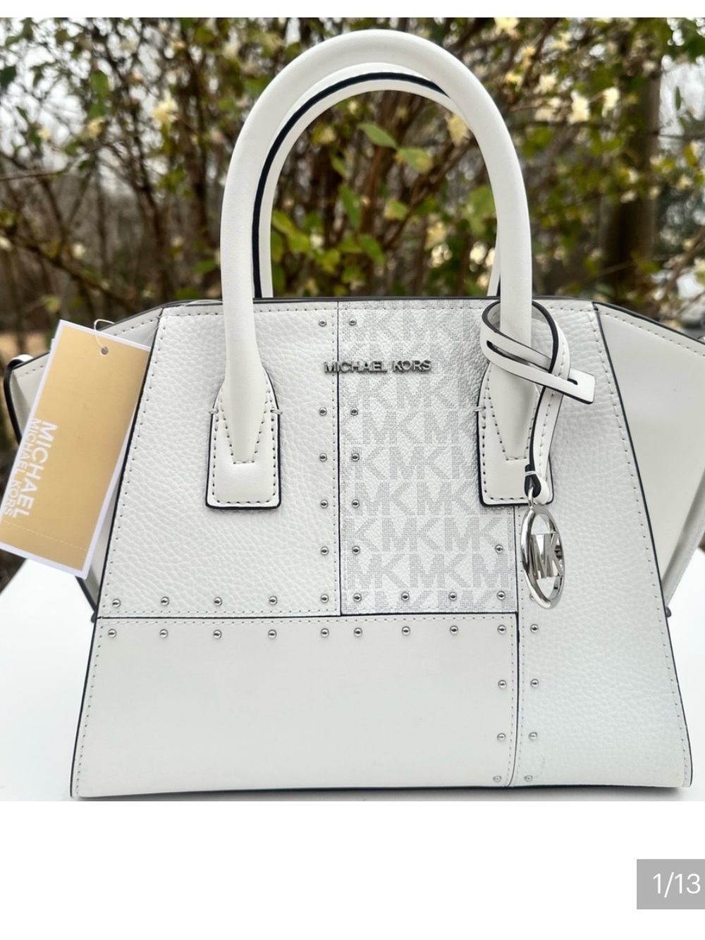 Michael Kors White Patchwork Logo Satchel with Silver Hardware